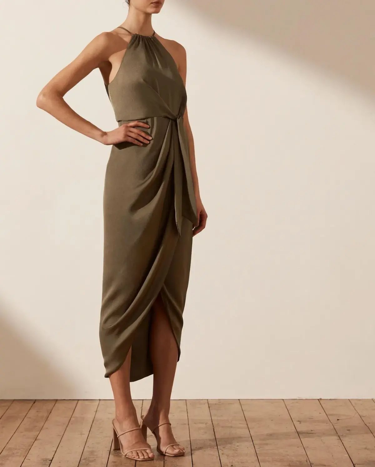 Shona Joy Luxe Tie Front Sleeveless Midi Dress Pine Valley Size 6 photo 4