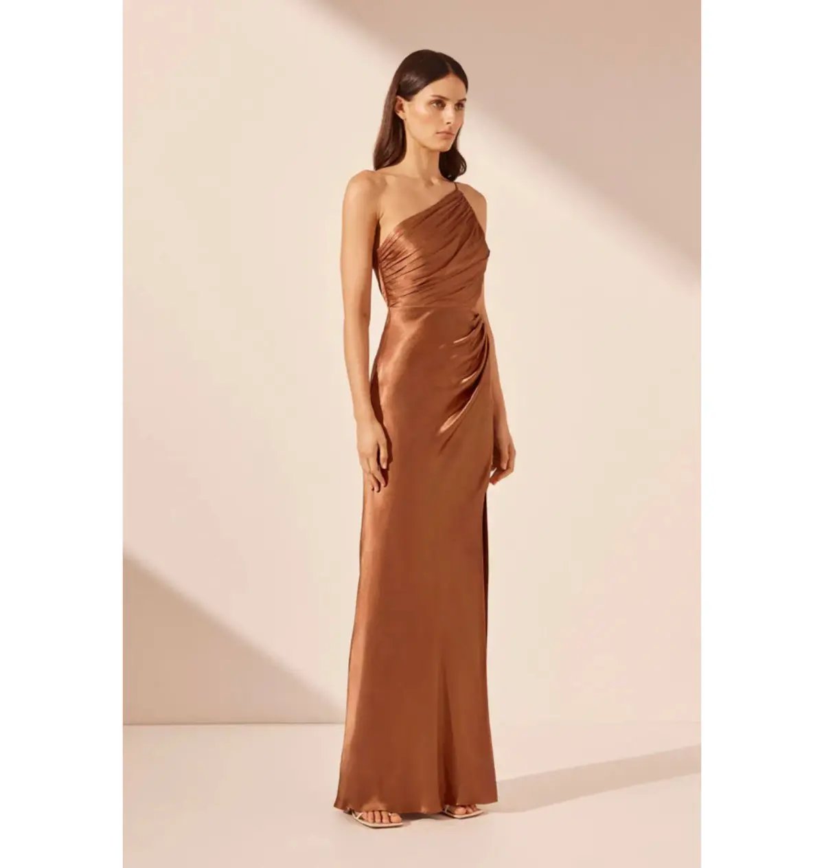 Shona Joy La Lune Asymmetrical Gathered Maxi Dress Almond Size AU 10 photo 3