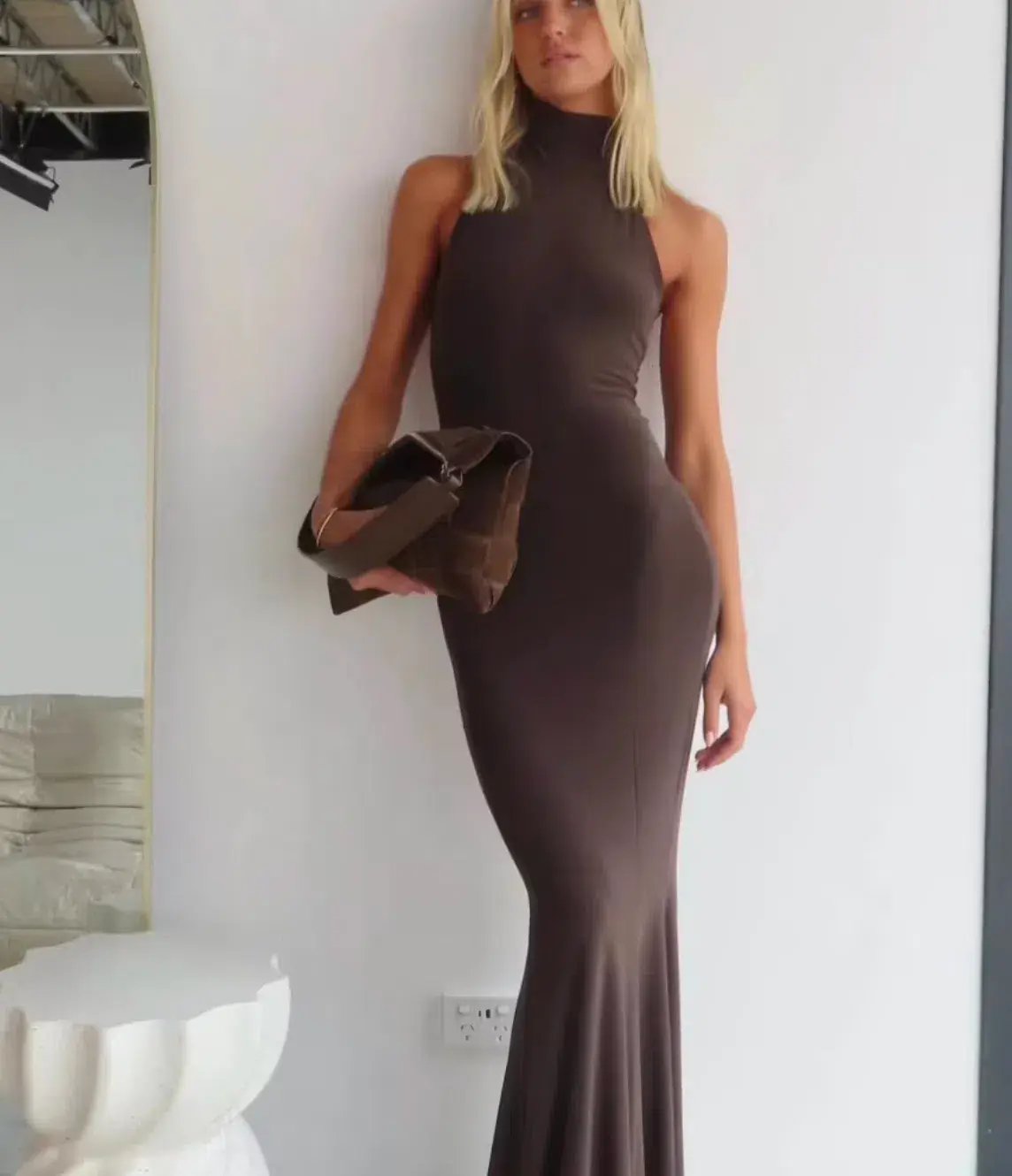Norma Kamali Halter Turtle Fishtail Gown Brown Size 8 photo 8