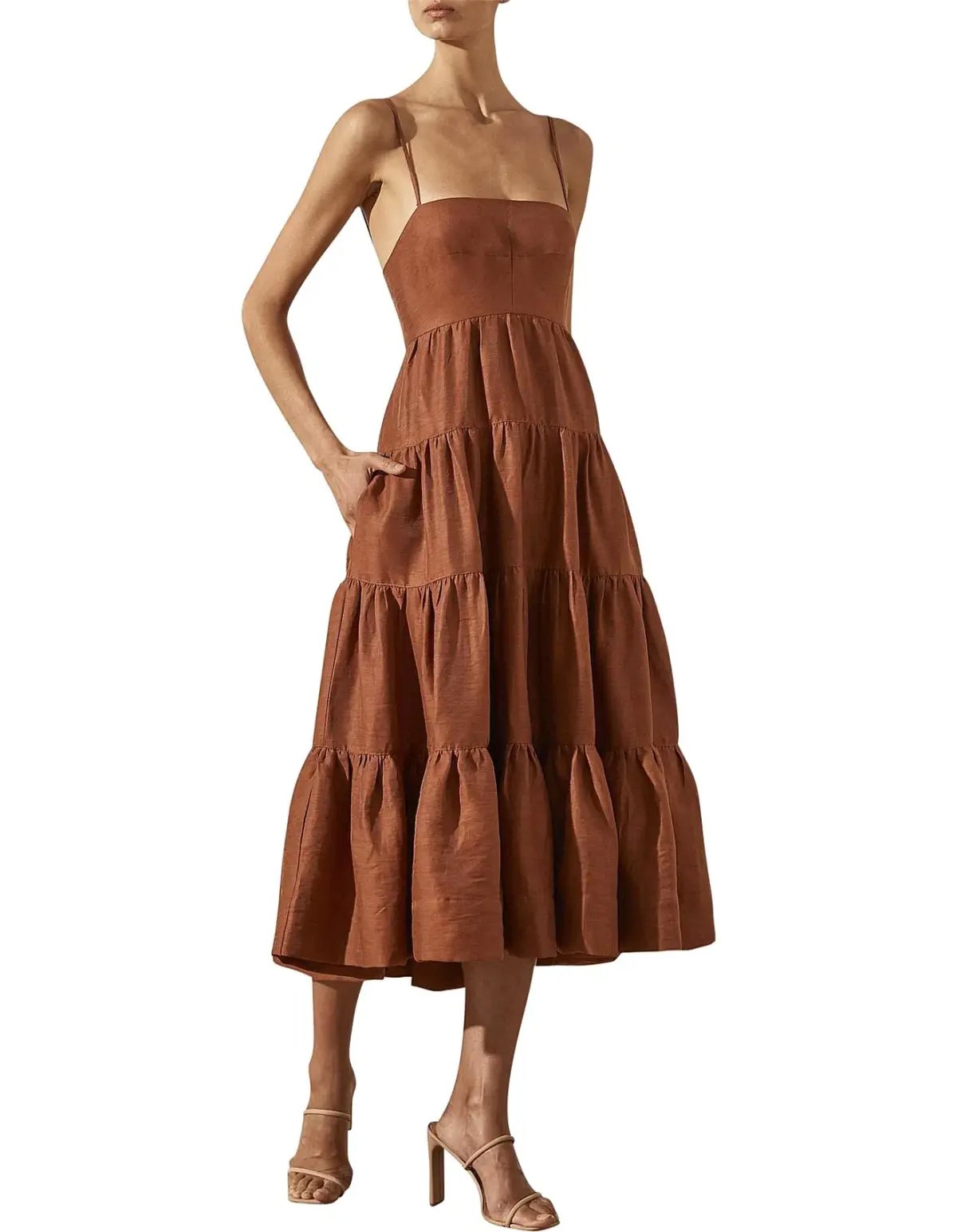 Shona Joy Elsa Linen Tiered Midi Dress Gingerbread Brown Size 12 photo 2