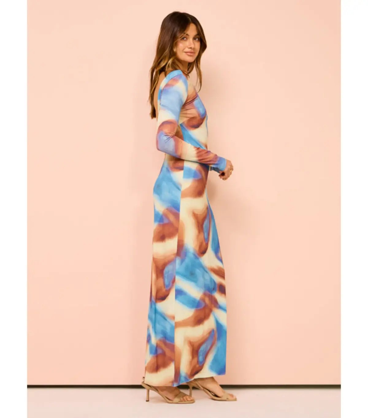 Issy Long Sleeve Maxi Dress in Blue Marble Size AU 16 photo 4