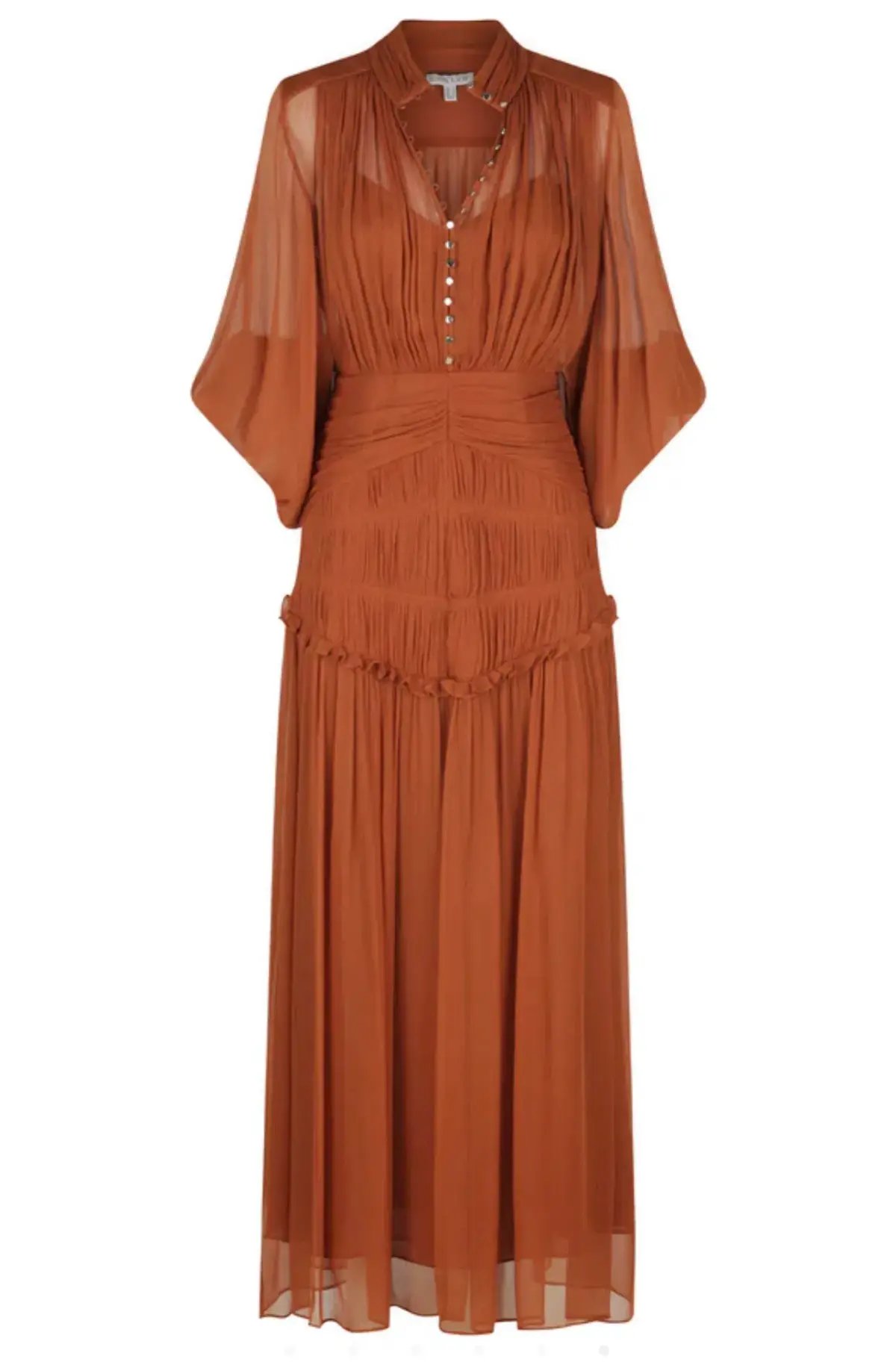 Shona Joy Noemi Button Up Ruched Midi Dress in Siena Brown Size 16 photo 5