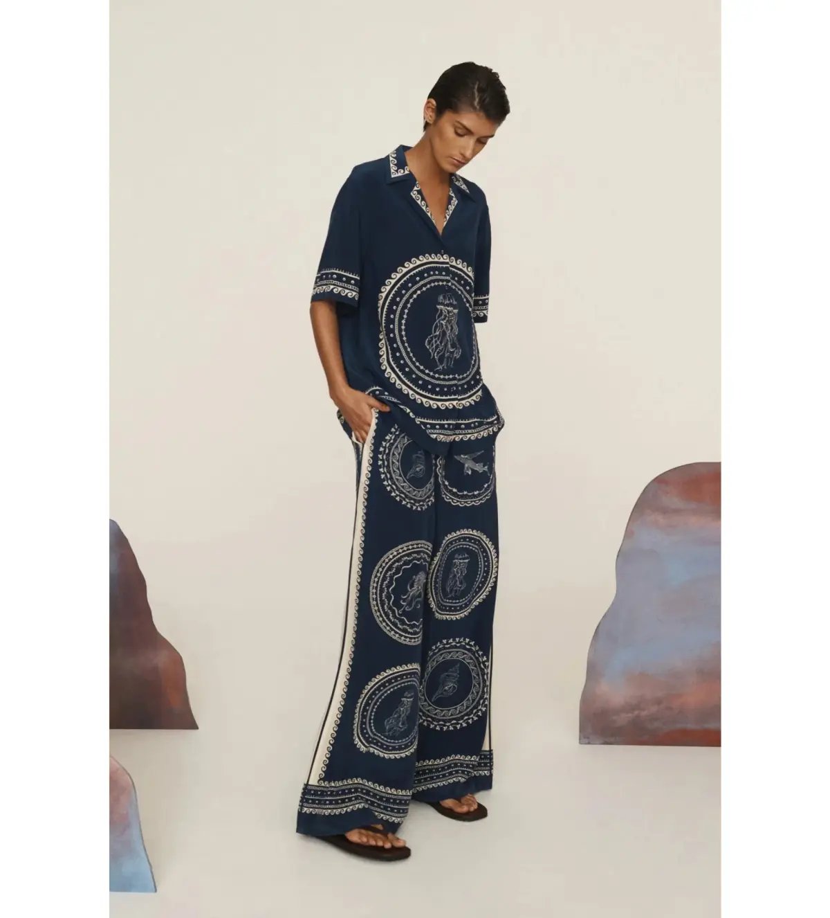 Alemais Oceane Silk Shirt and Pant Set Navy Print Size AU 8 photo 3