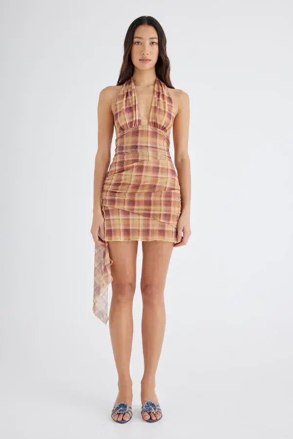 BENNI - Penelope Halter Mini Dress - Toffee Check photo 3