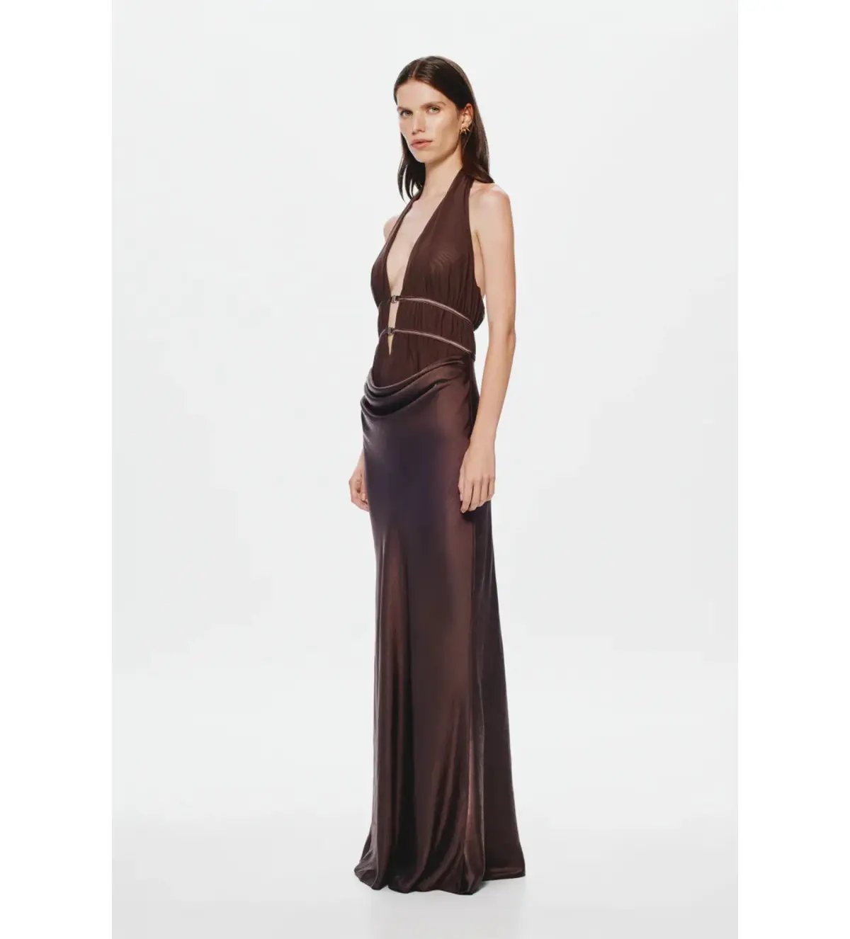 Misha The Celine Satin and Mesh Maxi Dress in Umber Brown Size 8 photo 2