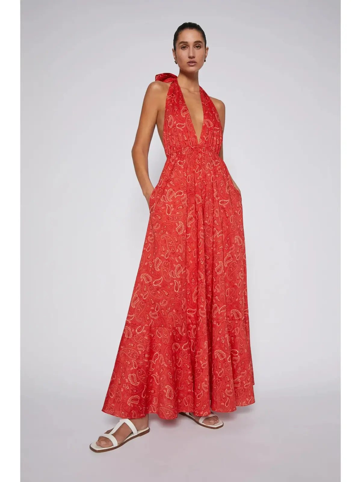 Scanlan Theodore Cotton Paisley Halter Dress Red Size AU 8 photo 2