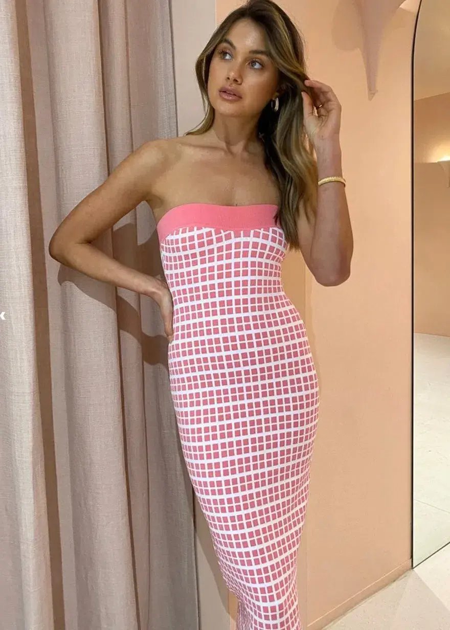 By Johnny Isabella Check Strapless Knit Dress Pink Size Small/Au 8 photo 2