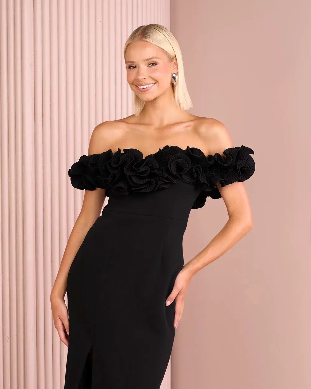 Elle Zeitoune Farley Frill Off Shoulder Maxi Gown Black Size AU 10 photo 2