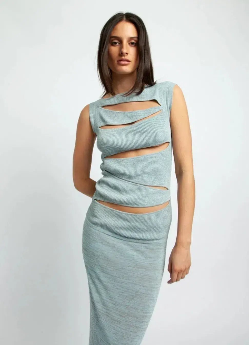 Christopher Esber Slashed Knit Mini Dress Blue Size AU 6 photo 2