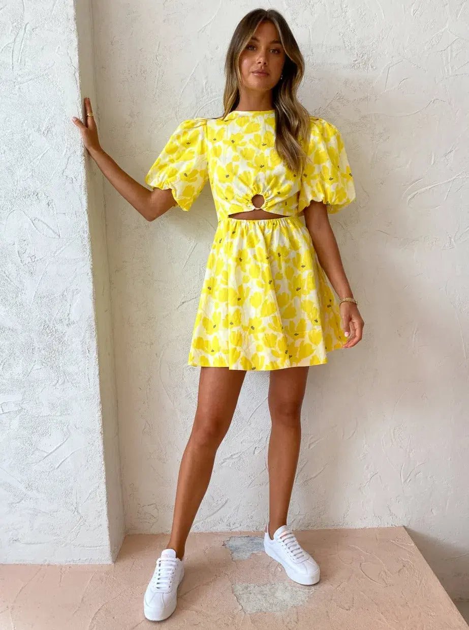 By Nicola Dahlia Ring Detail Mini Dress in Canary Blossom Size 8 photo 2