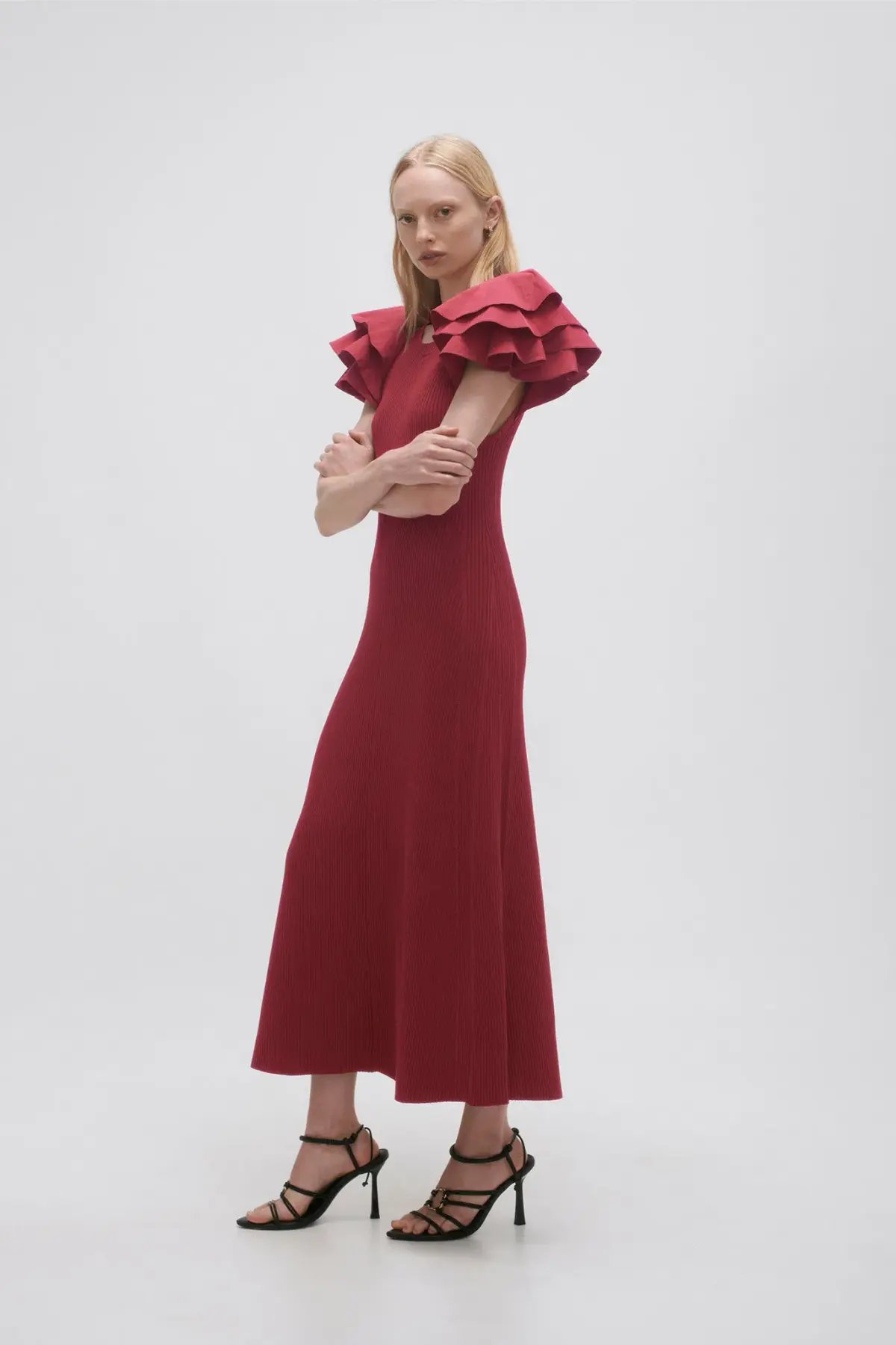Aje Questa Puff Midi Dress Burgundy Size 6 photo 2