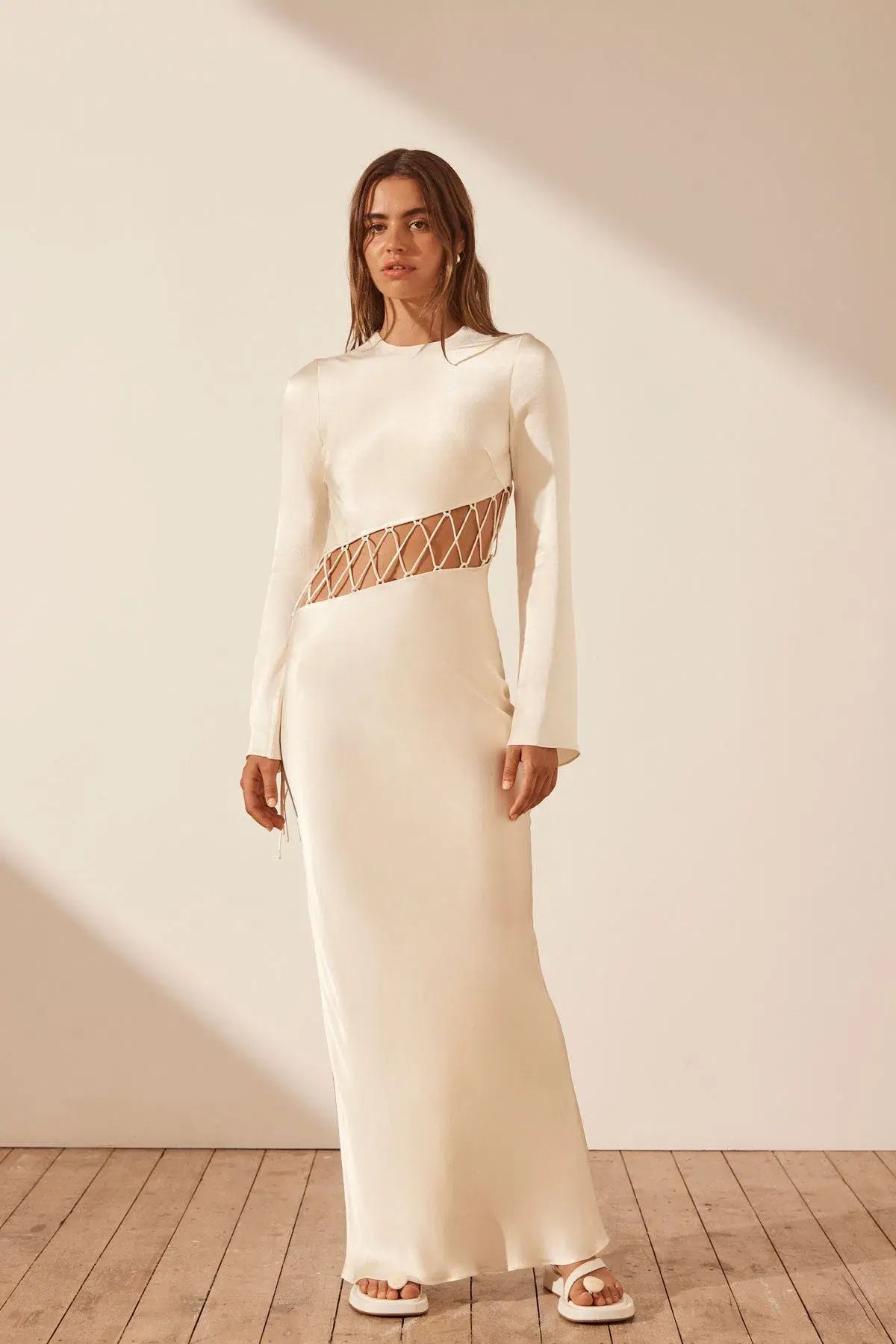 Shona Joy Arienzo Asymmetrical Lace Up Maxi Dress Cream Size 8 photo 2