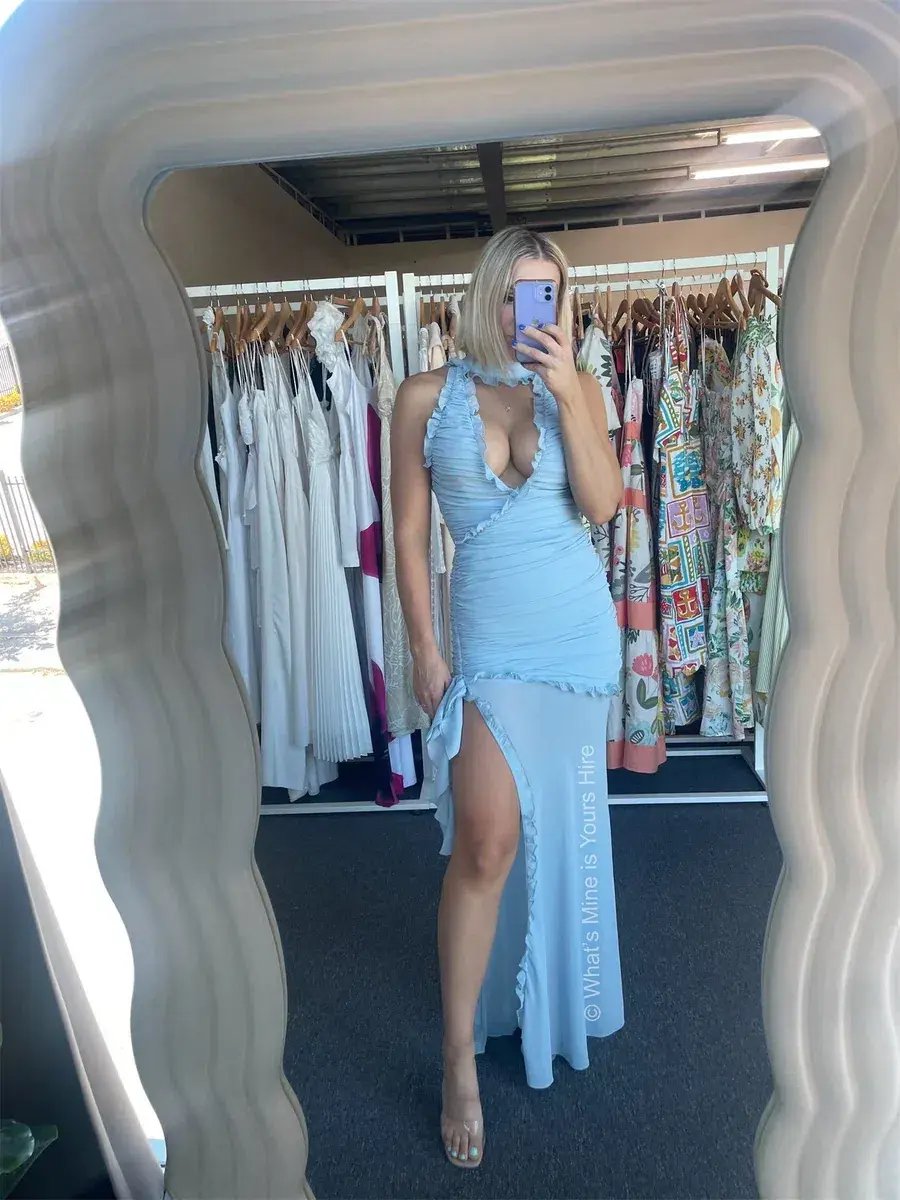 De La Vali Lilith Ruched Maxi Dress in Blue Chiffon Size 6 photo 6