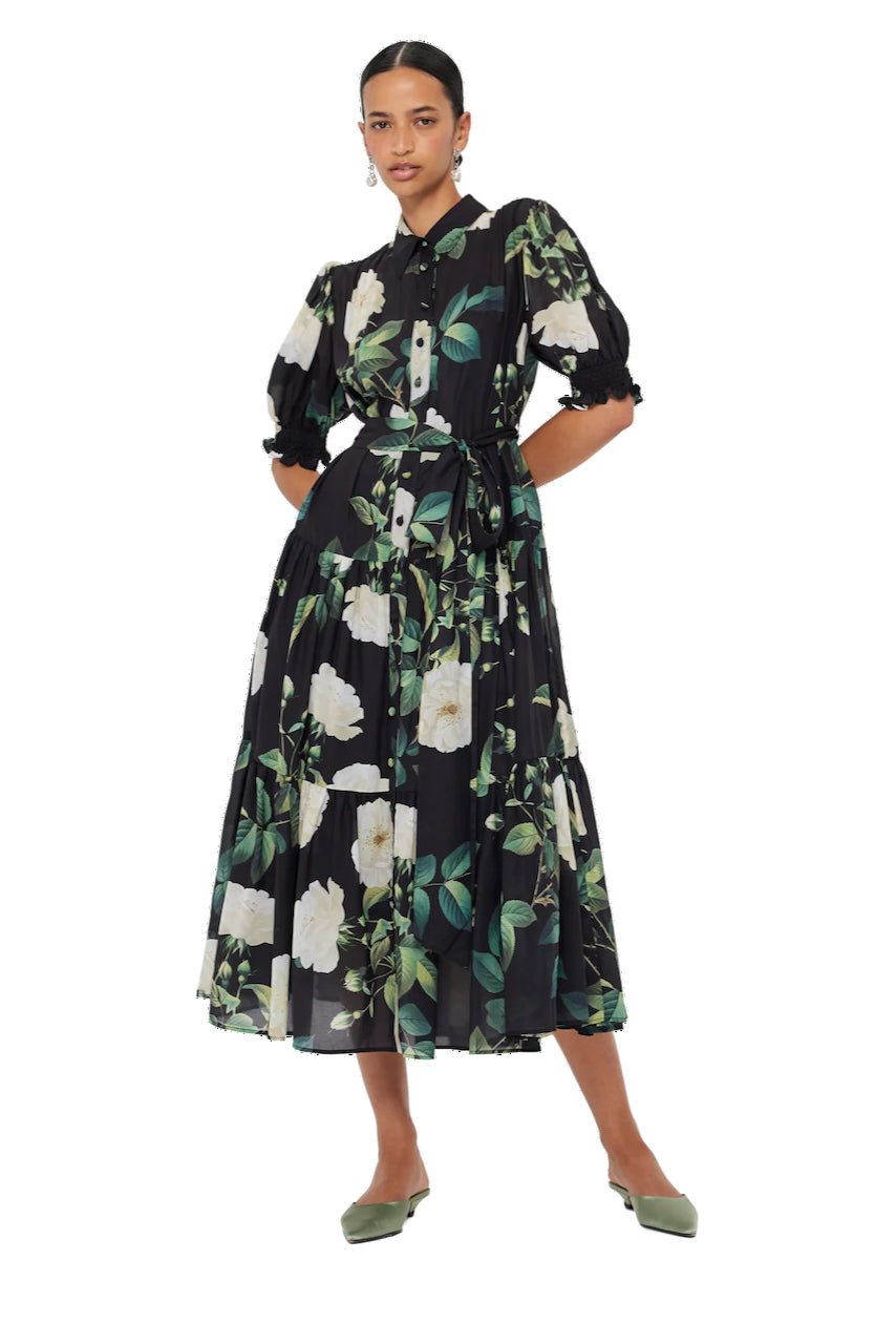 Leo Lin Ellie Bishop Midi Dress - White Rose Print in Black photo 2