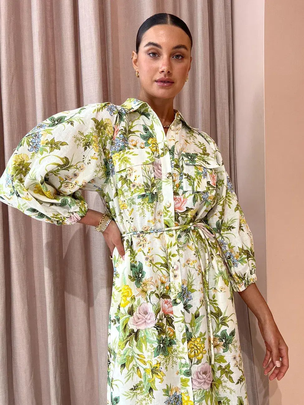 Alemais Eden Midi Shirt Dress Belted Floral Print Linen Size AU 10 photo 5