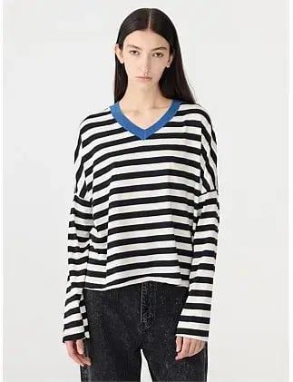 Bassike Stripe Boxy V Neck Long Sleeve T-Shirt Black Size 10 photo 4