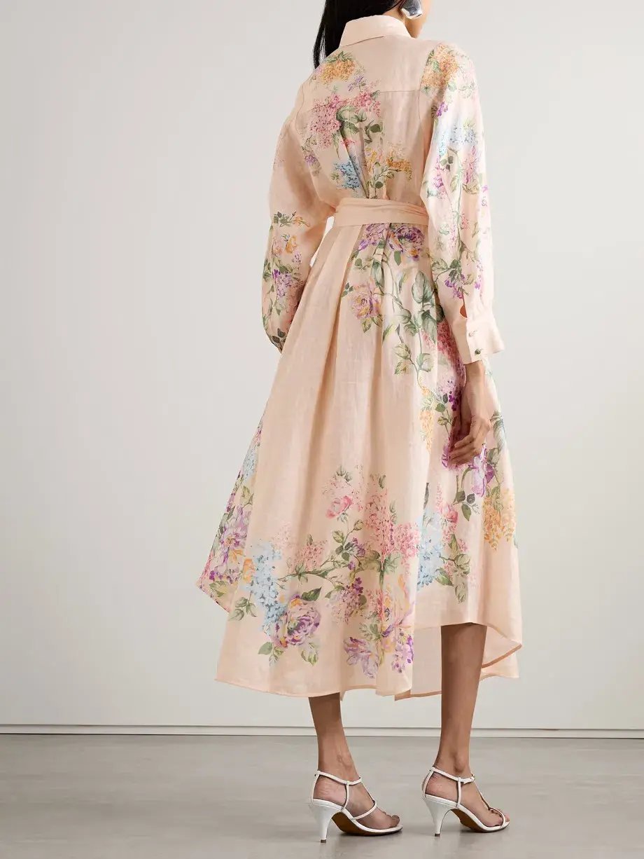 Zimmermann Halliday Long Sleeve Linen Midi Shirtdress in Cream Watercolour Floral Size 0 / AU 8 photo 2