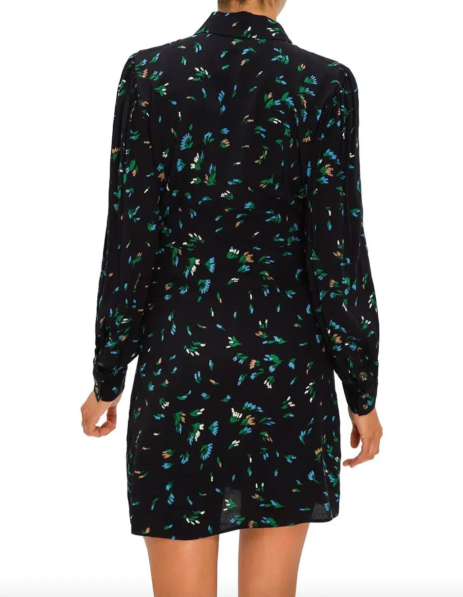 Ganni Printed Crepe Floral Shirt Mini Dress Black/Verdant Green Print Size 12 photo 5