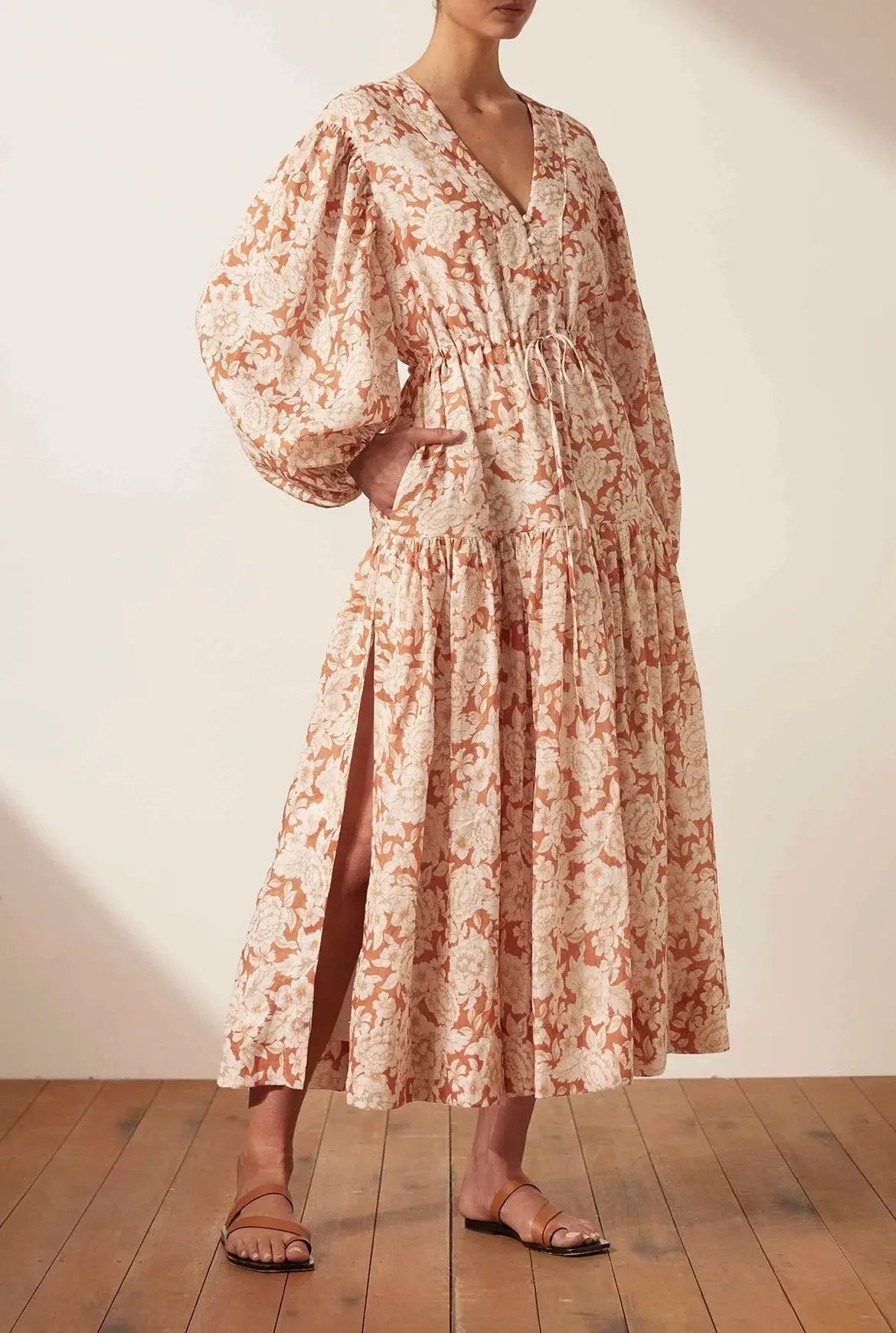 Shona Joy Flor Balloon Sleeve Drawstring Midi Dress Floral Size 12 photo 2