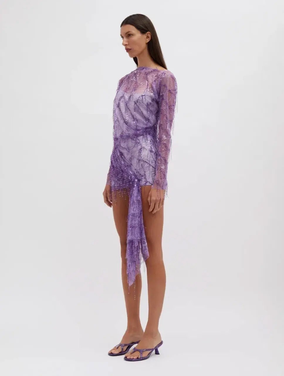 Christopher Esber Encased Beaded Ivy Lace Long Sleeve Mini Dress Grape Size 12 photo 5