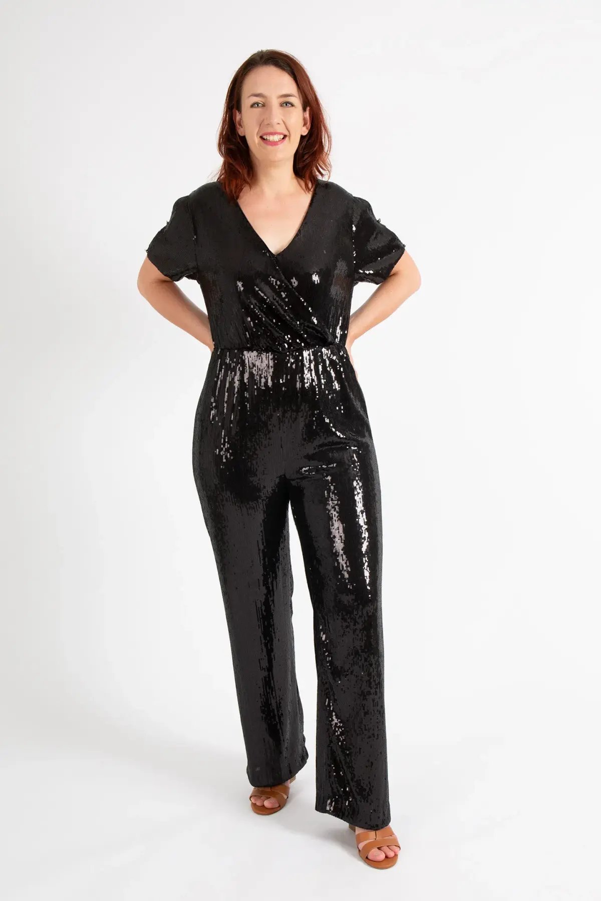 Hugo Boss Stretch Jersey Sequin Jumpsuit with Fixed Wrap Front Black Size AU 10 photo 2