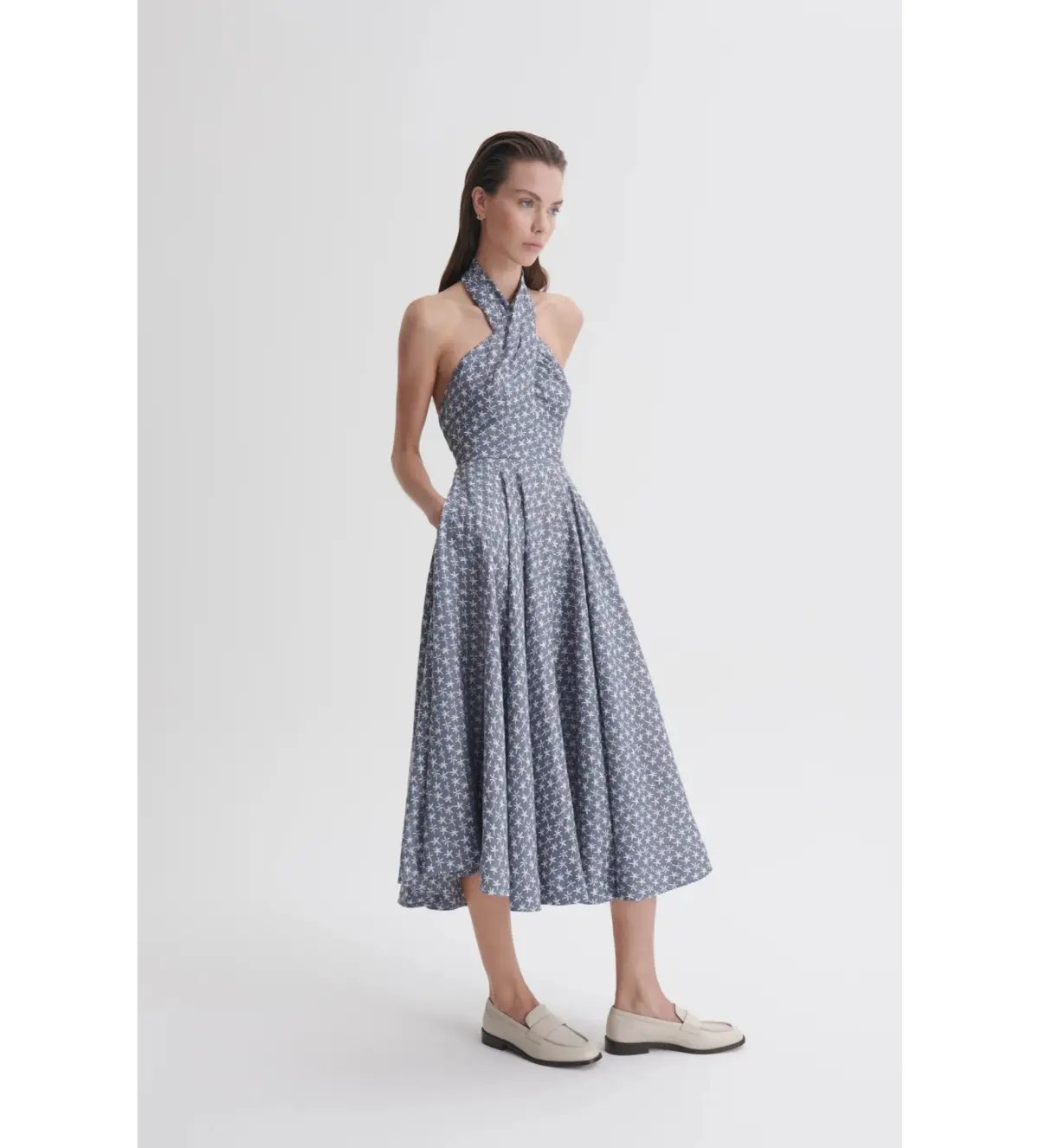 Scanlan Theodore Linen Printed Halter Midi Dress Blue White Size AU 6 photo 2