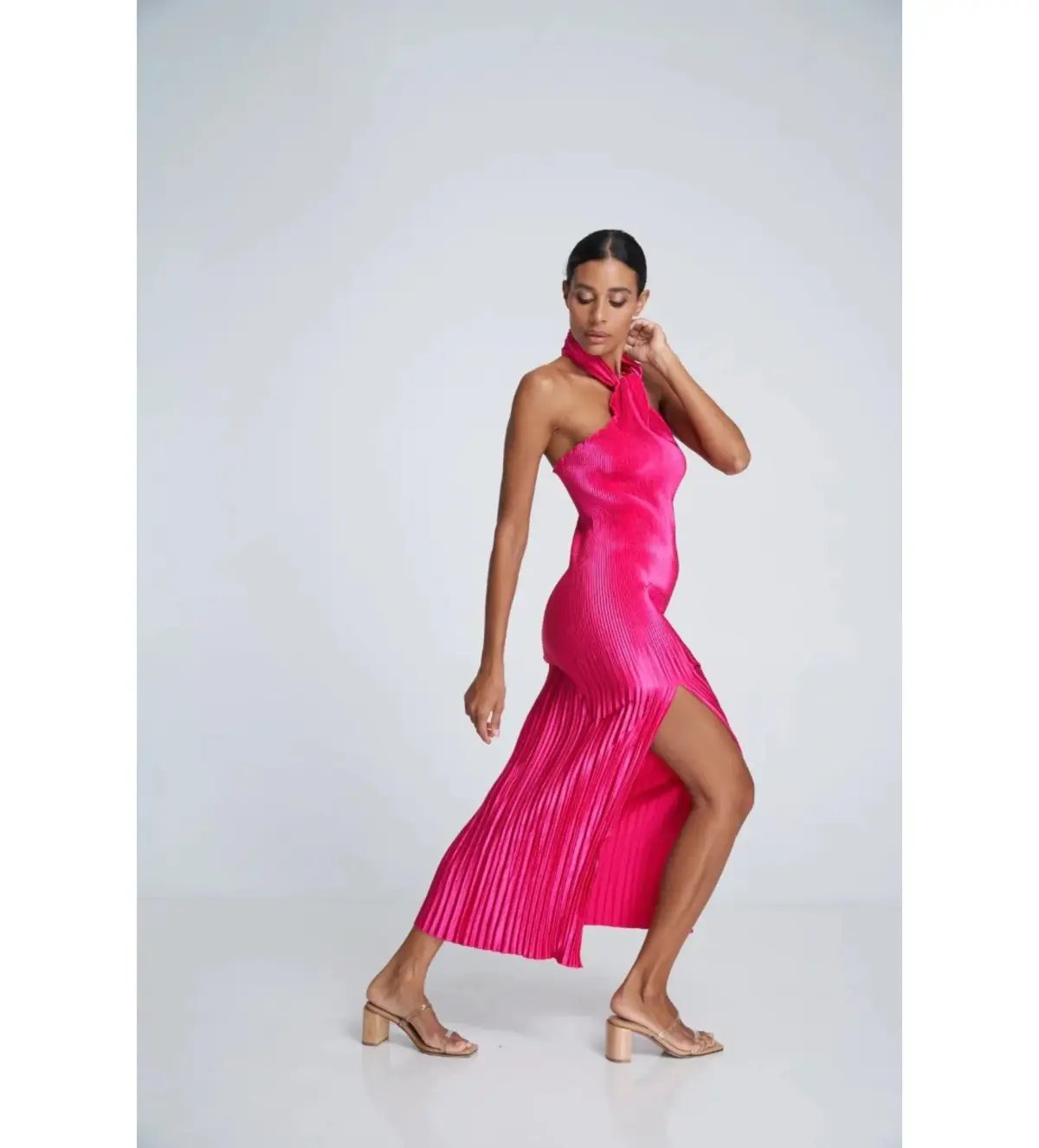 L'Idee Soiree Pleated Halter Gown Punch Hot Pink Size AU 12 photo 3