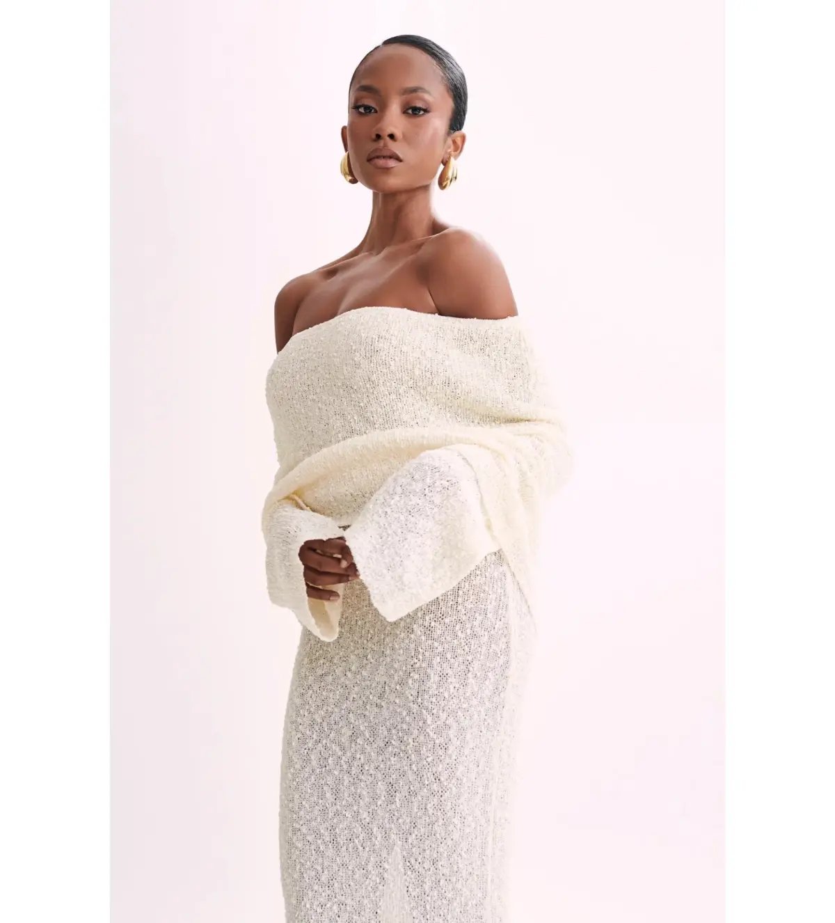 MESHKI Marisol Off Shoulder Boucle Maxi Dress Ivory Size M AU 10 photo 5