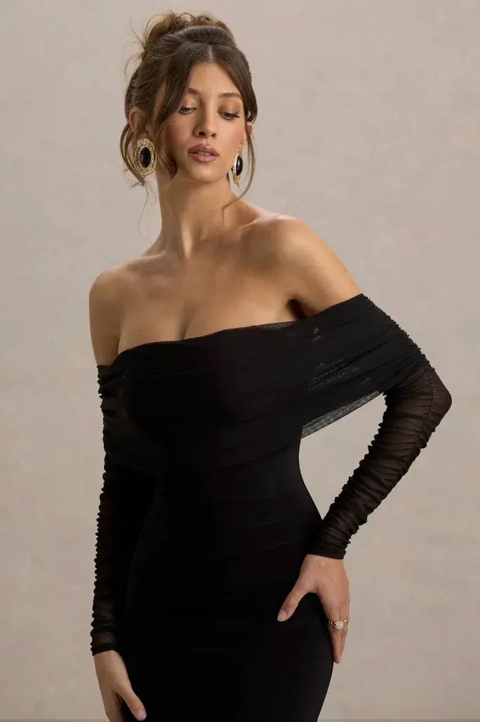 Club L London Madeleine Black Fishtail Maxi Dress With Bardot Mesh Black Size 6 photo 3
