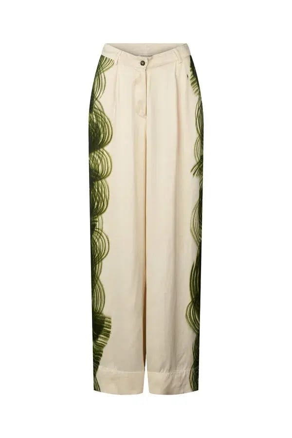 Rabens Saloner Briana Swirl Pleat Wide Pant Olive Chalk Combo Size AU 10 photo 3