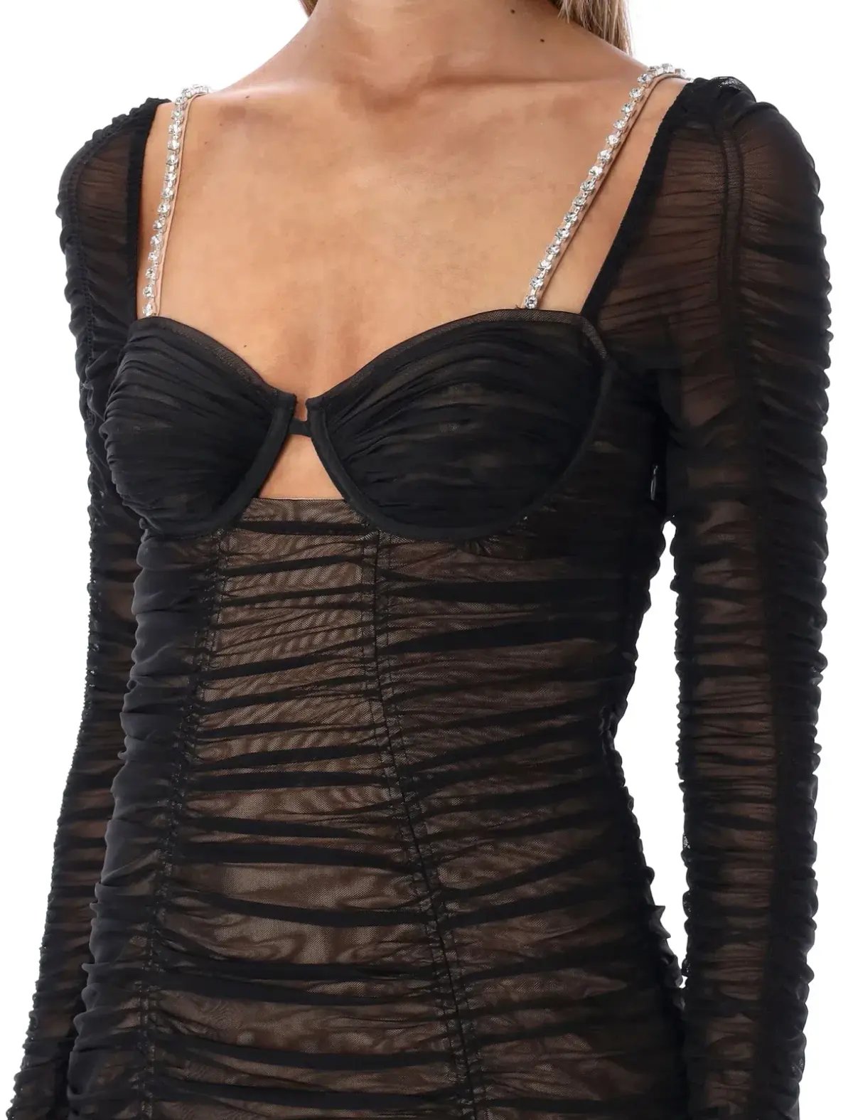 Self Portrait Crystal-Embellished Cutout Ruched Stretch-Mesh Midi Dress Black Size AU 12 photo 2