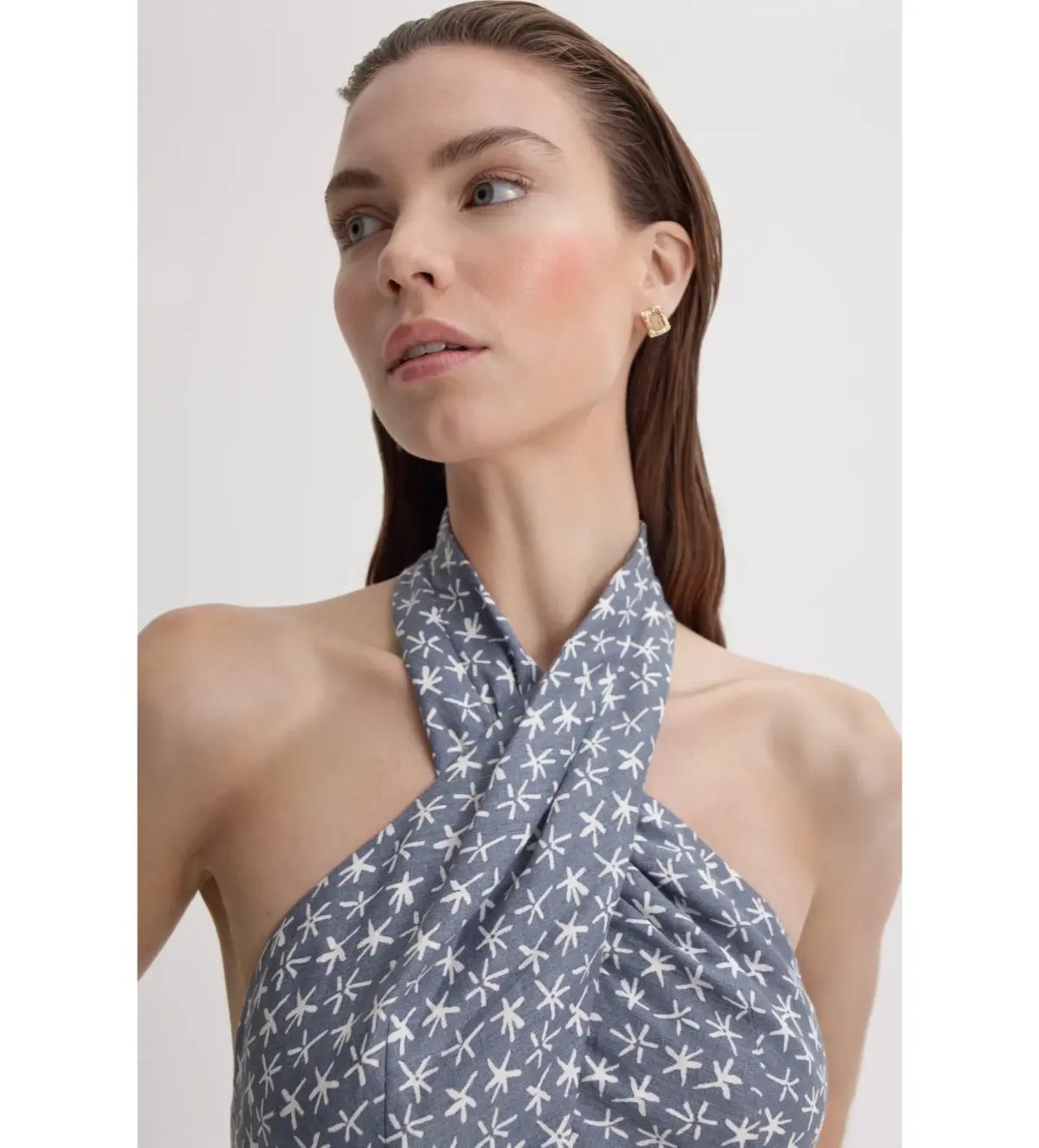 Scanlan Theodore Linen Printed Halter Midi Dress Blue White Size AU 6 photo 5