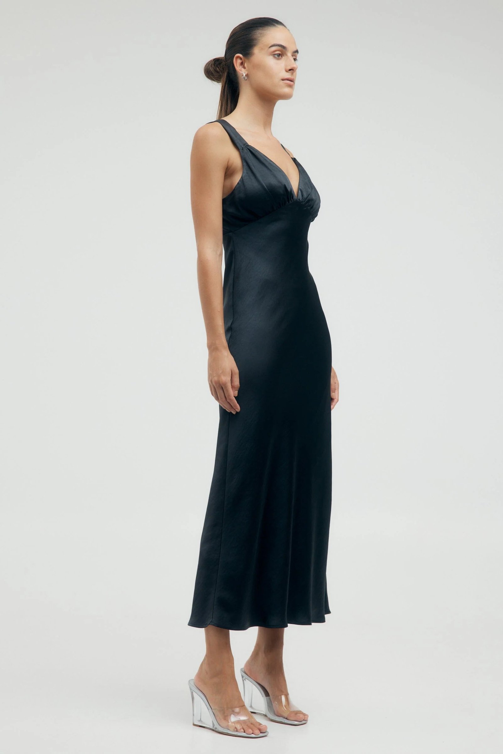 THIRD FORM SATIN GATHER BRA BIAS SLIP DRESS - BLACK photo 5