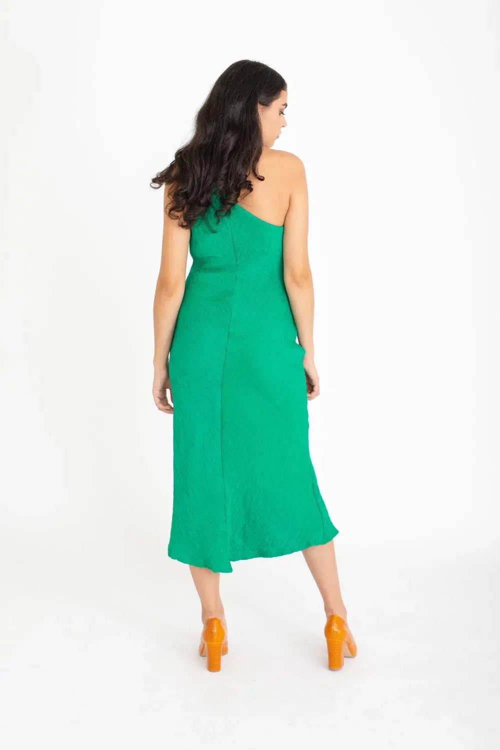 By Johnny Asymmetric Crimp Bias Midi Dress Green Size 10 photo 2