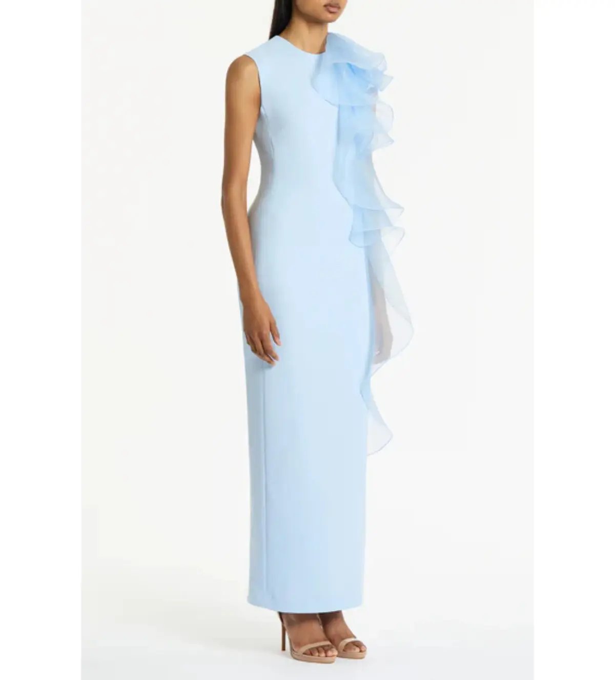 Carla Zampatti  Pale Blue Crepe Ruffle Shoulder Maxi Gown Size 8 photo 2