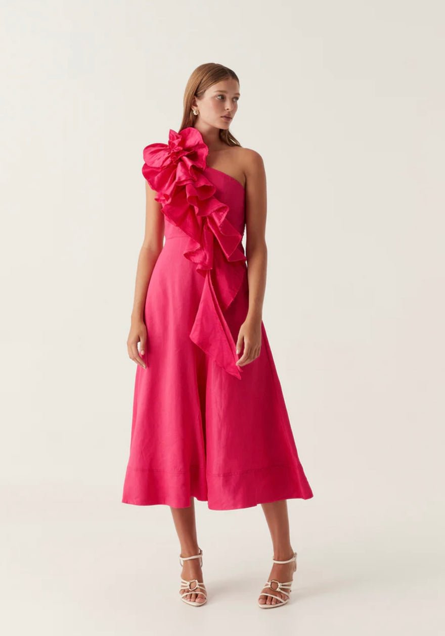 Aje Adelia Ruffle Midi Dress | Bougainvillea Red photo 2