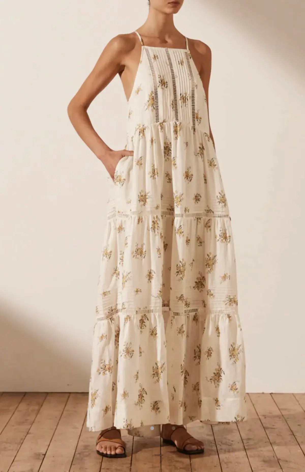 Shona Joy Lila Linen Pin Tuck Sleeveless Maxi Dress Floral Size 10 photo 4