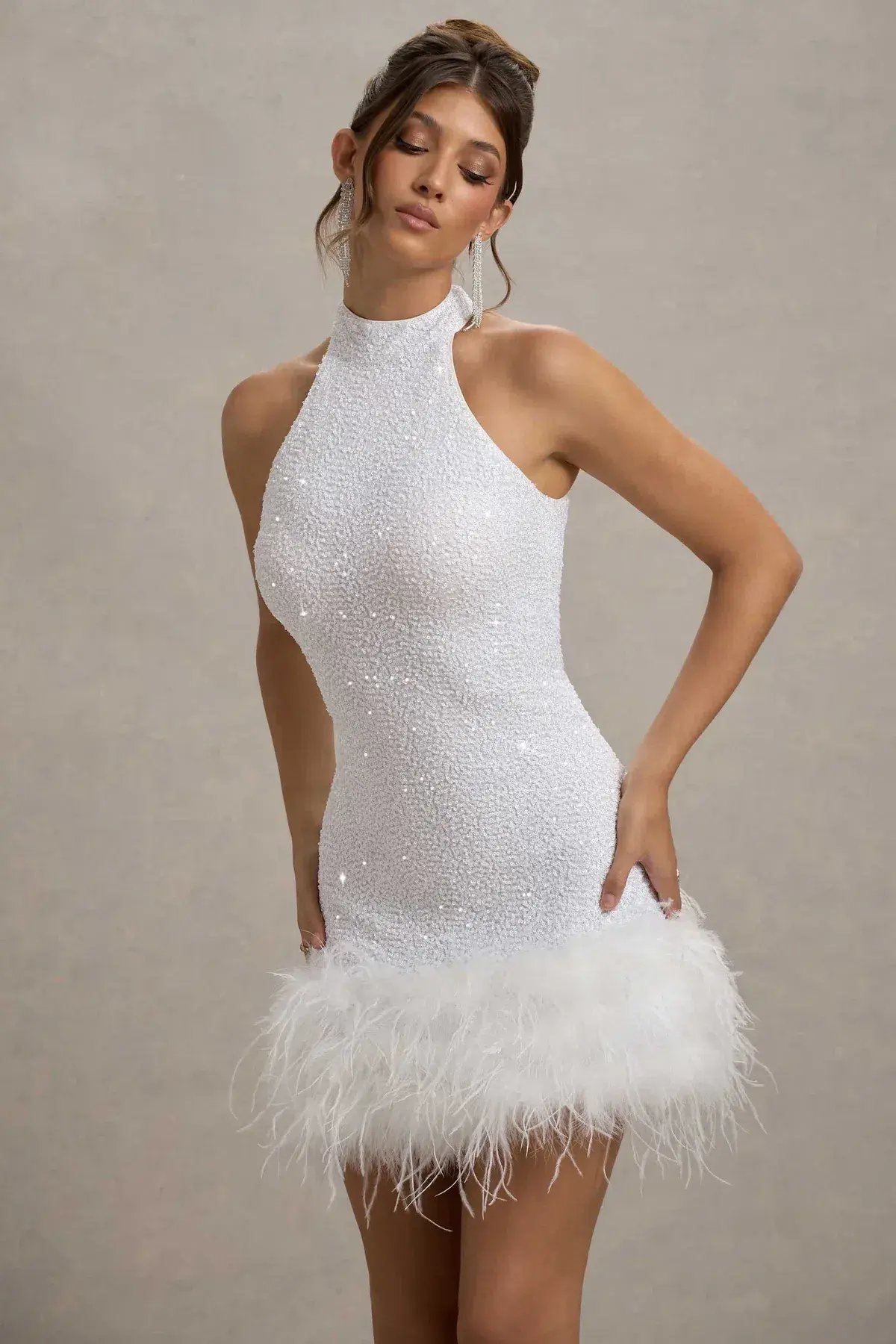 Club London LUMI White Sequin High-Neck Feather Trim Mini Dress 6 photo 3
