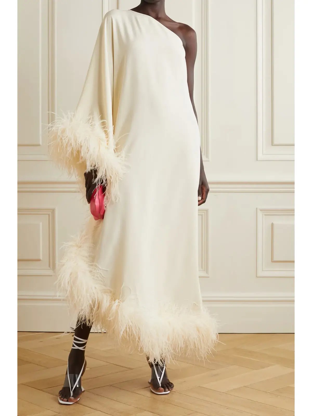 Taller Marmo Ubud One Shoulder Feather Trimmed Crepe Maxi Dress Ivory Size 38 / AU 6 photo 2