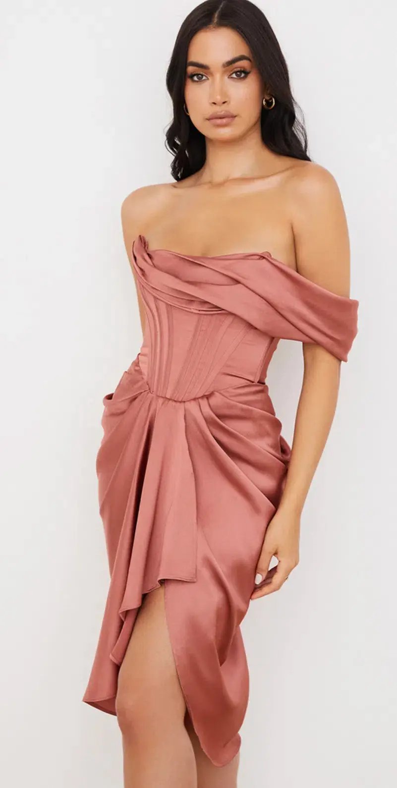 House of CB Janis Rouge Satin One-Shoulder Draped Midi Dress Pink Size 8 photo 2