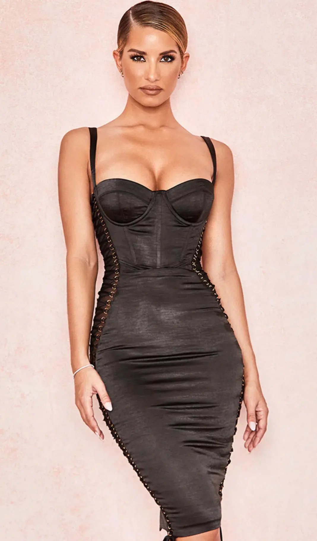 House of CB Angelina Satin Lace Up Corset Dress Black Size 8 photo 2
