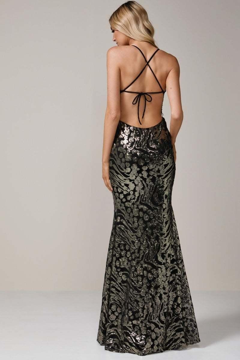 Ae’lkemi Plunge Backless Gown Black Print Size 8 photo 2