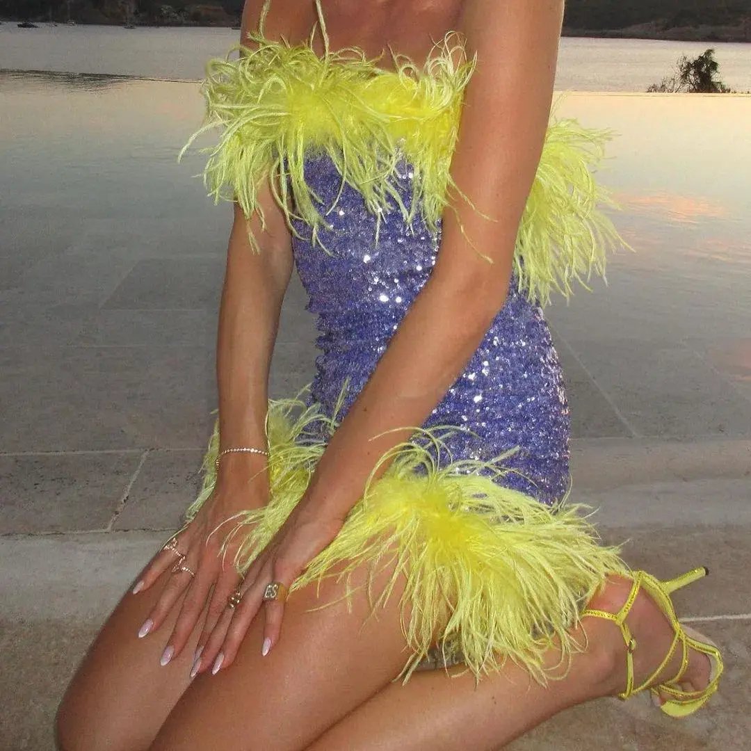 Oseree Paillettes Plumage Mini Dress Lilac and Citron Size AU 8 photo 4