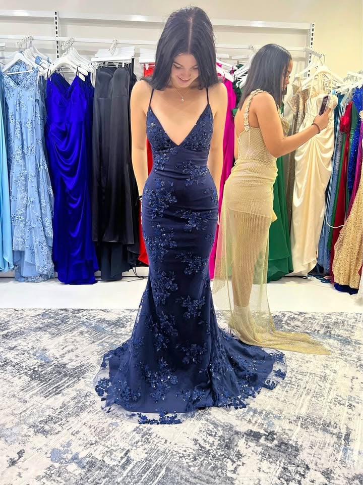 Hire-Hermione V2 Navy Blue Sparkling Lace Criss-Cross Back Mermaid Dress-Formal Dress Destiny Chic photo 5