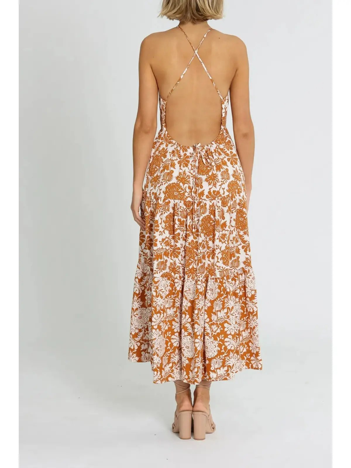Shona Joy Vitoria Halter Midi Dress Brown Print Size AU 10 photo 3