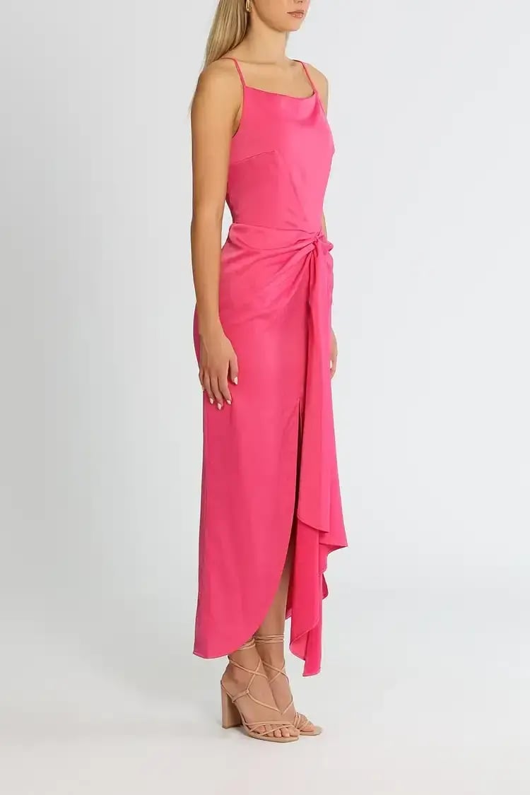 Elle Zeitoune Gathered Waist Midi Dress in Pink Punch Size 10 photo 2