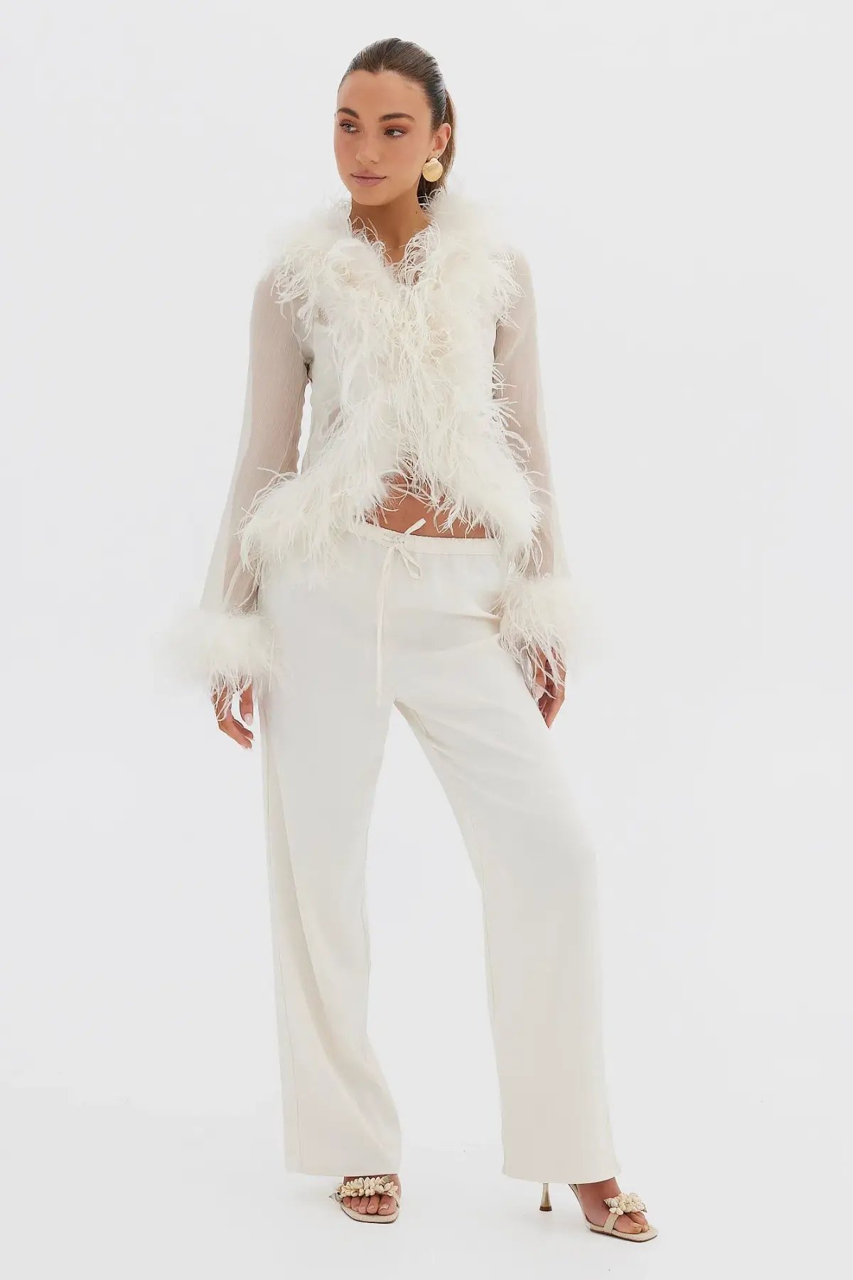 Bubish Gigi Sheer Feather Blouse & Bailey Draw Pant Set Ivory Size 8 photo 4