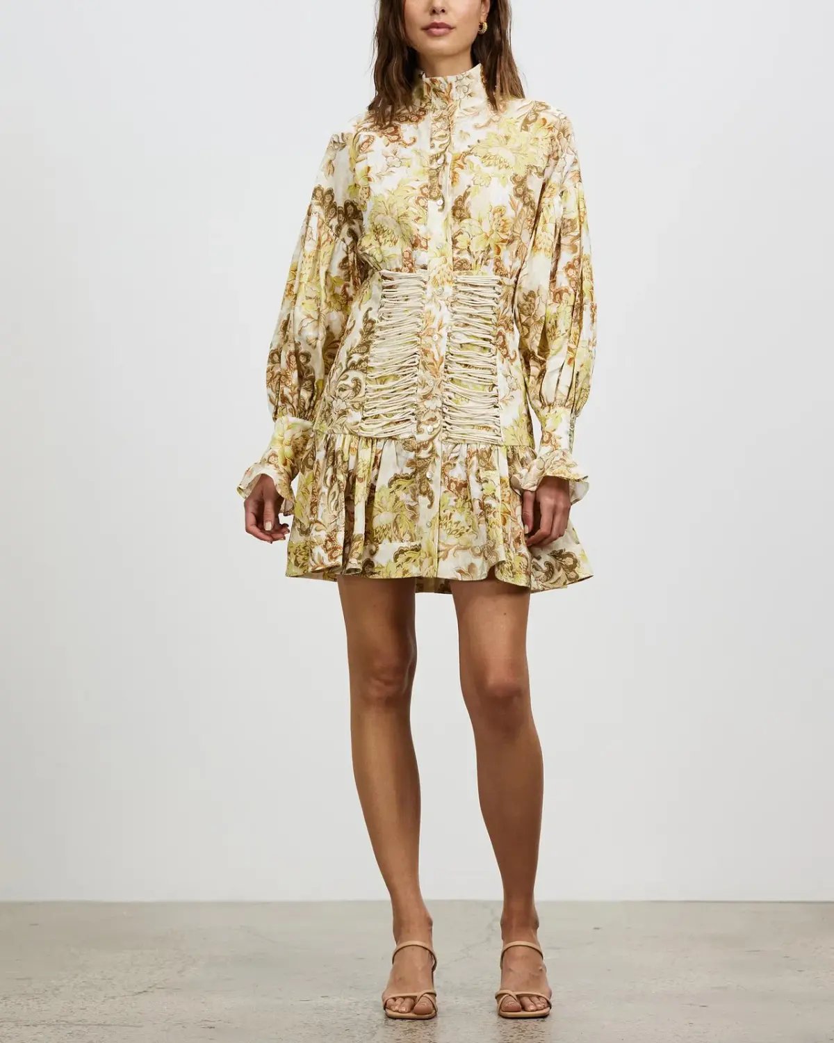 Alémais Bernadette Corset Mini Dress Long Sleeve Linen Print Size 8 photo 2