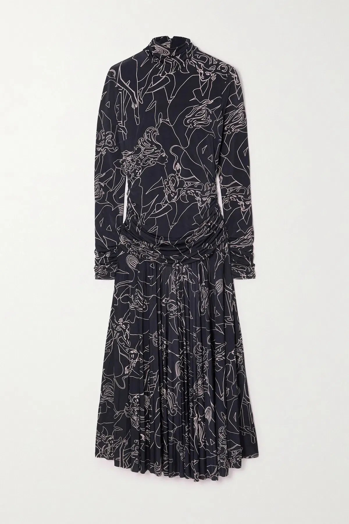 Victoria Beckham Pleated Printed Stretch Crepe Turtleneck Maxi Dress Navy Size 10 photo 4