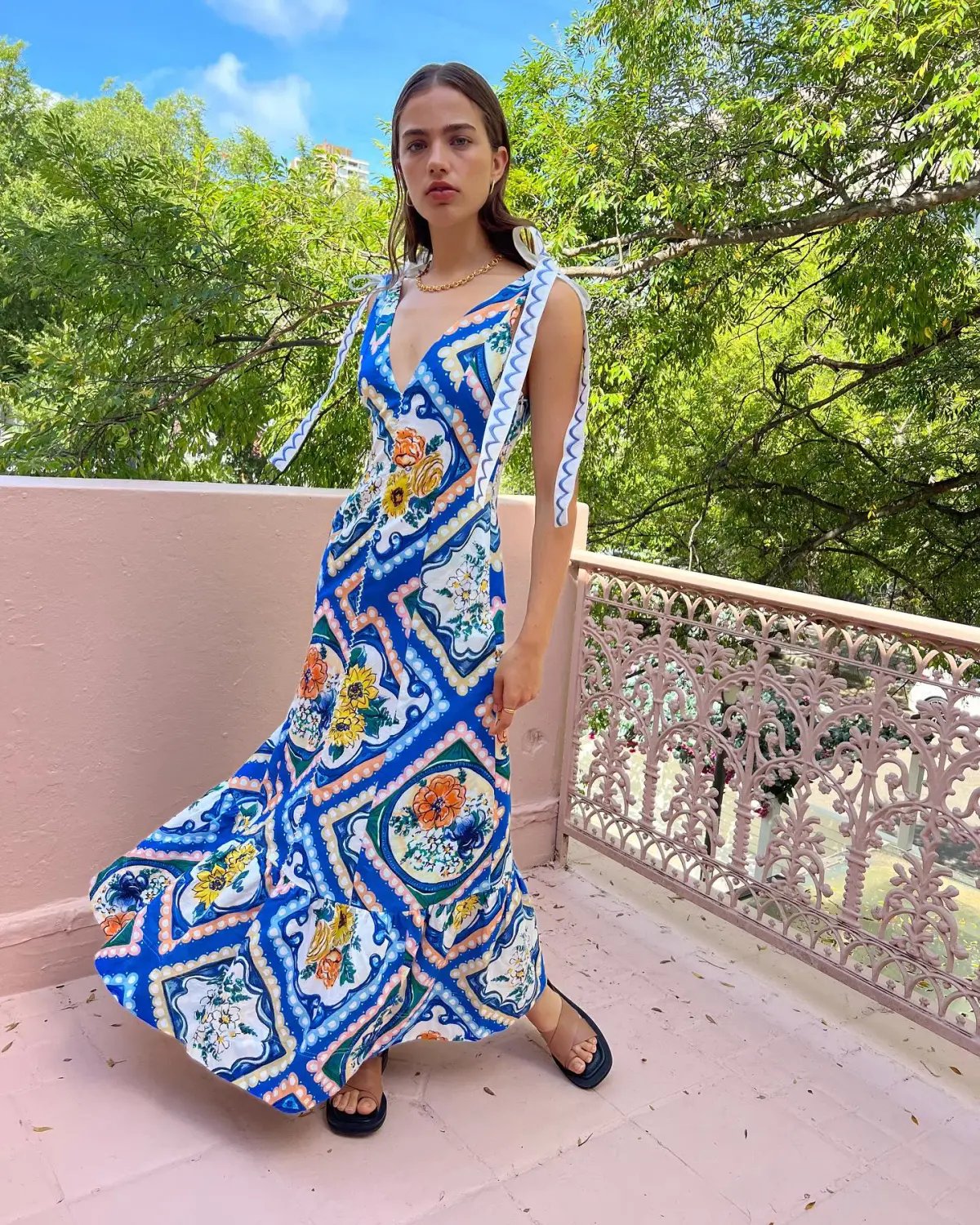 By Nicola Adoncia Tie Shoulder Maxi Dress Azure Blue Floral Size 8 photo 4
